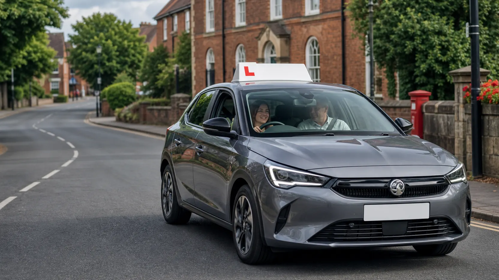Happy learner driving a grey electric Vauxhall during an automatic driving lesson in Warwick